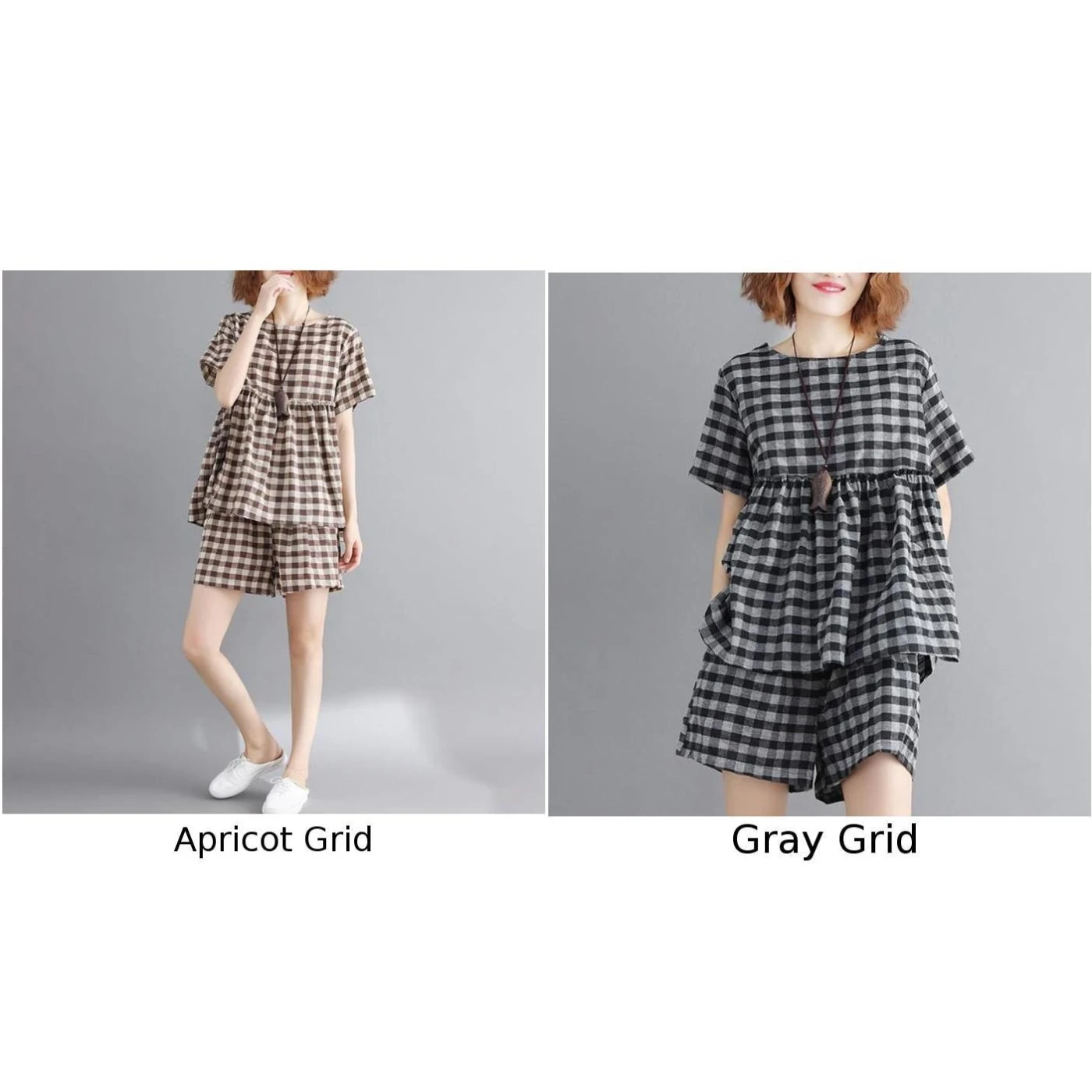 Women's Casual Outfit Ladies Loose Grid 2pcs Set Short Sleeve Round Neck Tops+Wide Leg Shorts Plaid 100% Brand New |