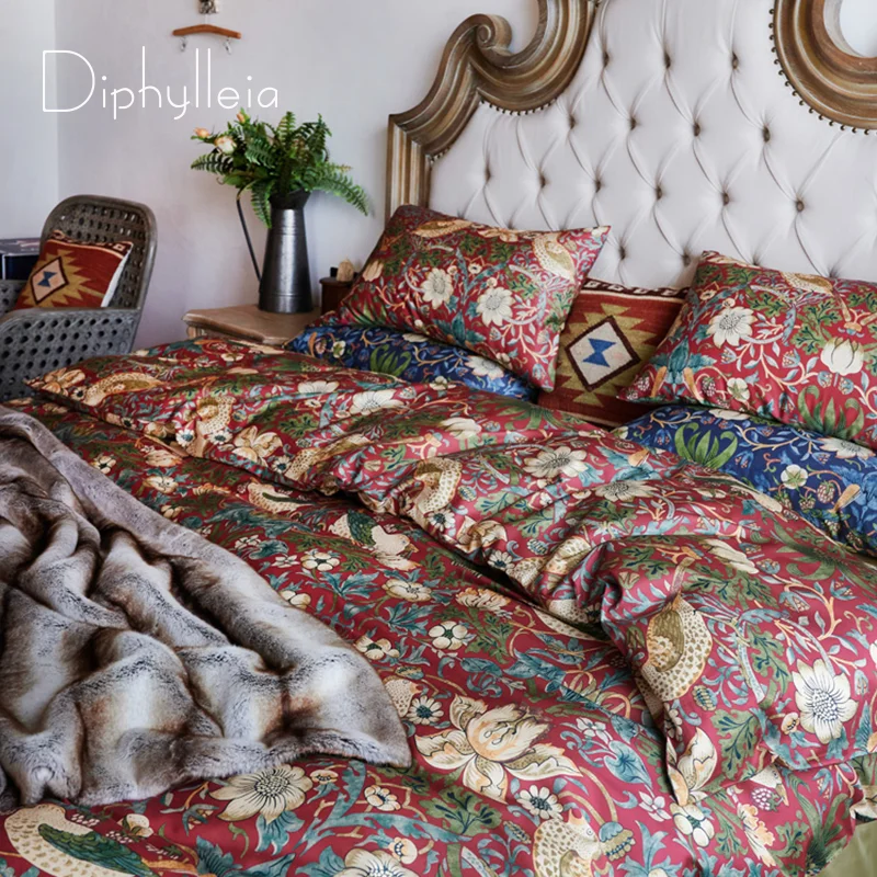 

Diphylleia American Style Queen Sheets 4 Pcs Extra Long Staple Cotton Bedding Set Silky Bedding Set Retro Birds Floral Printed