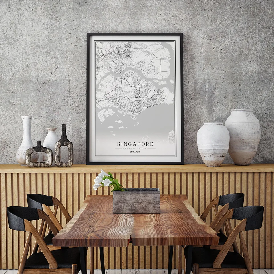 Черно-белая карта города Сингапур плакат Скандинавская гостиная настенная