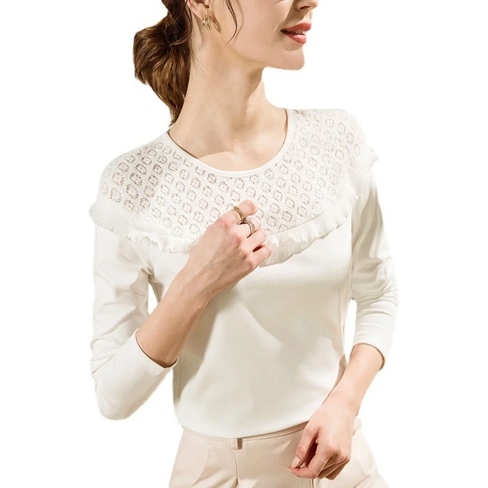 

2021 Spring Autumn Wome T-shirts Rufles O-neck Patchwork Basic Tops Long Sleeve Cotton Slim Fit Ladies Tshirts Solid White Shirt
