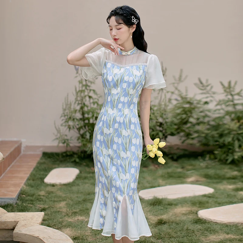 

Платье Ципао с длинным хвостом и французским принтом