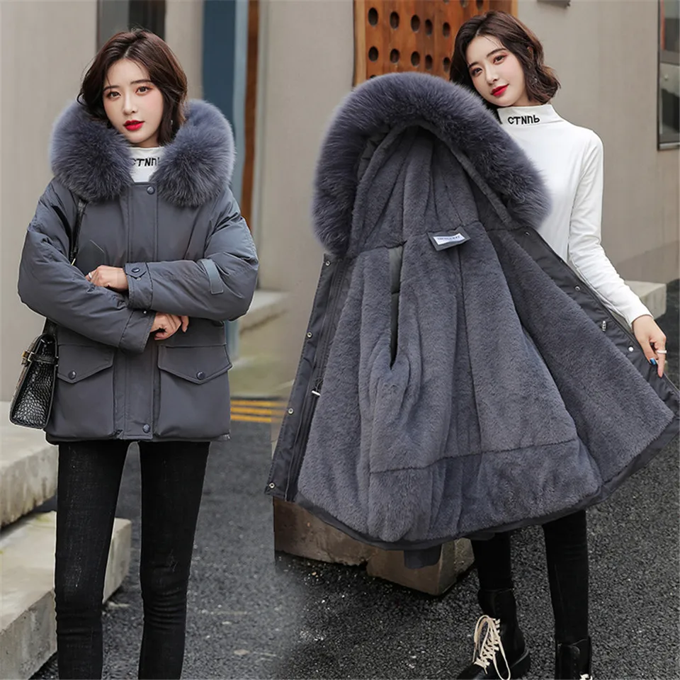 

Зимняя женская Куртка Свободная флисовая хлопковая подкладка повседневные теплые толстые куртки женские пальто меховая парка с капюшоном ...