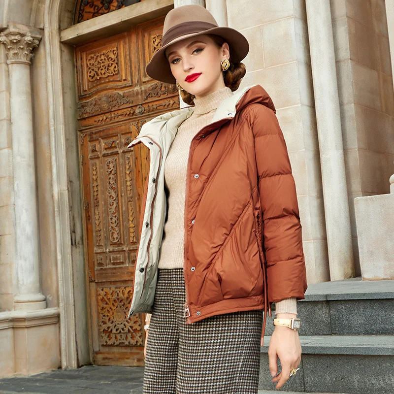 

SHZQ оранжевая светильник тонкая куртка с капюшоном женская короткая Новинка Зима 2021 модное толстое пальто на белом утином пуху