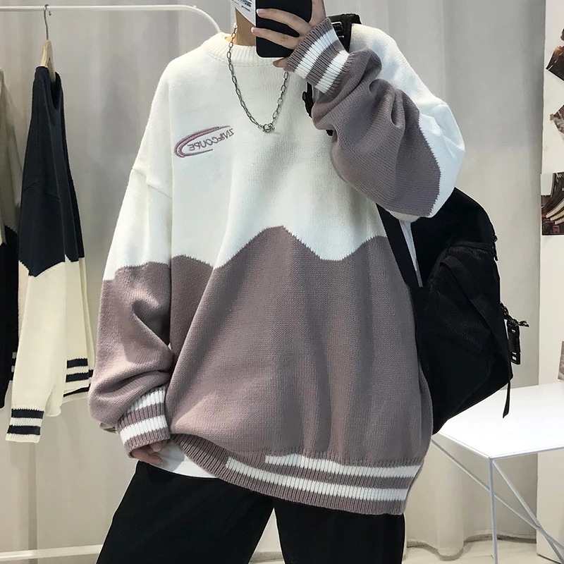 

Oversized Sweater Hip Hop Tops Streetwear Contrast Pullover Autumn Fashion Embroidered Couple Clothes 2021 Ulzzang Korean Style