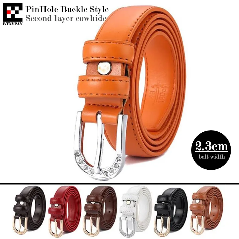 12p Authentic 2.3cm Width Women Genuine Leather Belts,Second Layer Cowhide PinHole Buckle Lady Waistbands,with Buckle,100-115cm