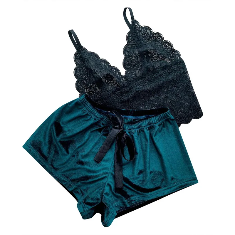 

2Pcs Velvet Sleepwear Nightdress Fashion Women Sexy Lace Spaghetti Strap Shorts Pajama Set Ladies Sleepwear Female Party Pajama