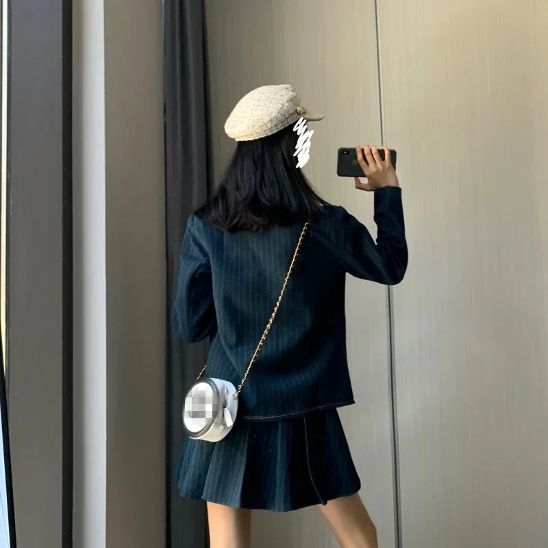 

Japanese Preppy Style Autumn Two Piece Set Striped Short Suit Jacket A-Line Pleated Mini Skirts Office Lady Fashion Matching Set
