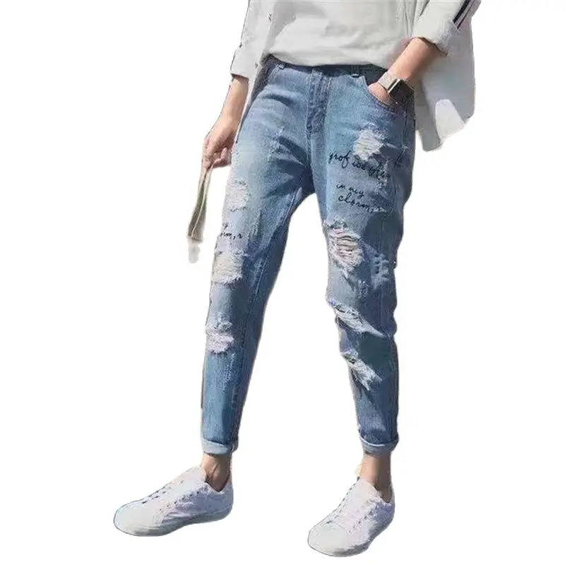

Весна 2021, модные потертые рваные мужские корейские уличные облегающие ковбойские брюки, брюки с принтом букв, джинсы для школьников и молод...