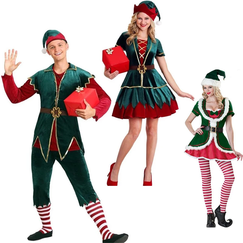 

Green Elf Christmas Santa Claus Costume Adults Family Green Elf Cosplay Costumes Halloween Christmas Party Fancy Dress Women Men