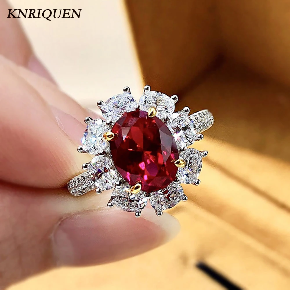 

100% 925 Silver Stamp Wedding Rings for Women Vintage 7*9mm Created Ruby Diamond Gemsotne Engagement Band Fine Jewelry Wholesale