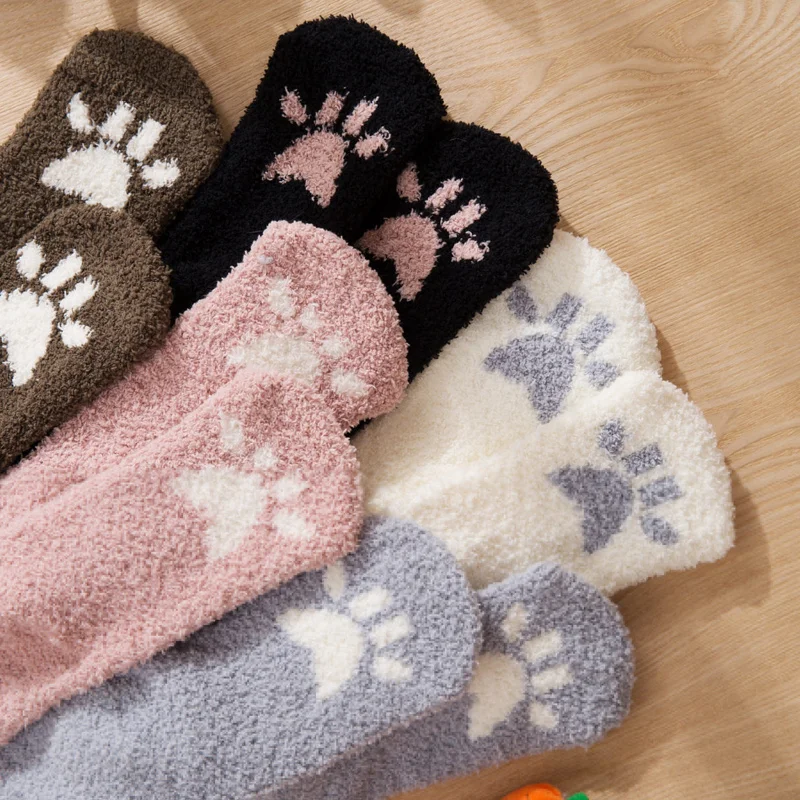 

1 Pair of Plush Coral Fleece Socks Winter Cat Claws Cute Thick Warm Sleep Floor Socks Women Girls Home Indoor Floor Sleep Socks
