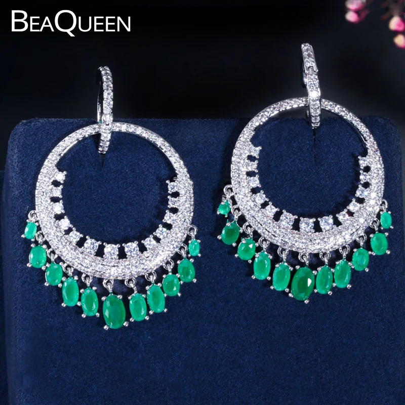 BeaQueen, женские круглые серьги с зеленым кубическим циркониевым камнем, Висячие большие круглые серьги-кольца, ювелирные изделия для свадьбы E150