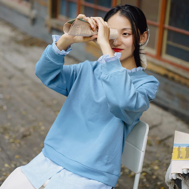 

Round Neck Long Sleeve Sweatshirts Women Fake two splice Loose Hoodies Female fall Casual cotton Art sweatshirts for women