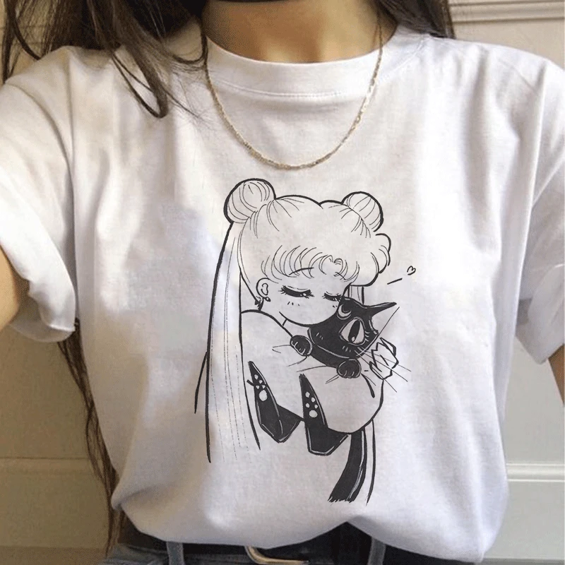 Летняя забавная футболка Сейлор Мун 90s Harajuku одежда эстетическая кошка аниме Vogue