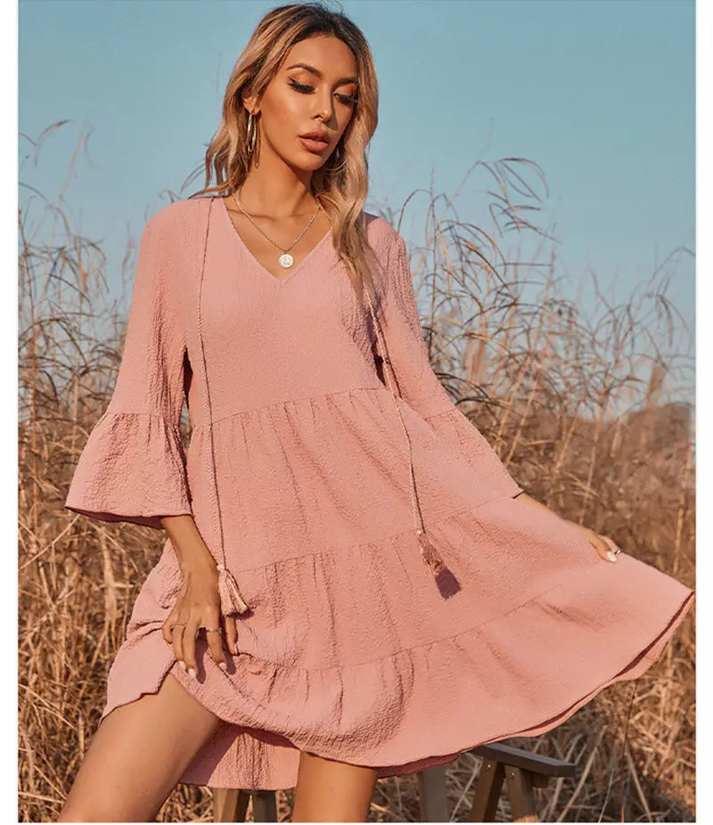 

New 2021 Sweet V Collar Causal Dress Slim Ruffles 3/4 Sleeves Solid Daily Loose Sundress