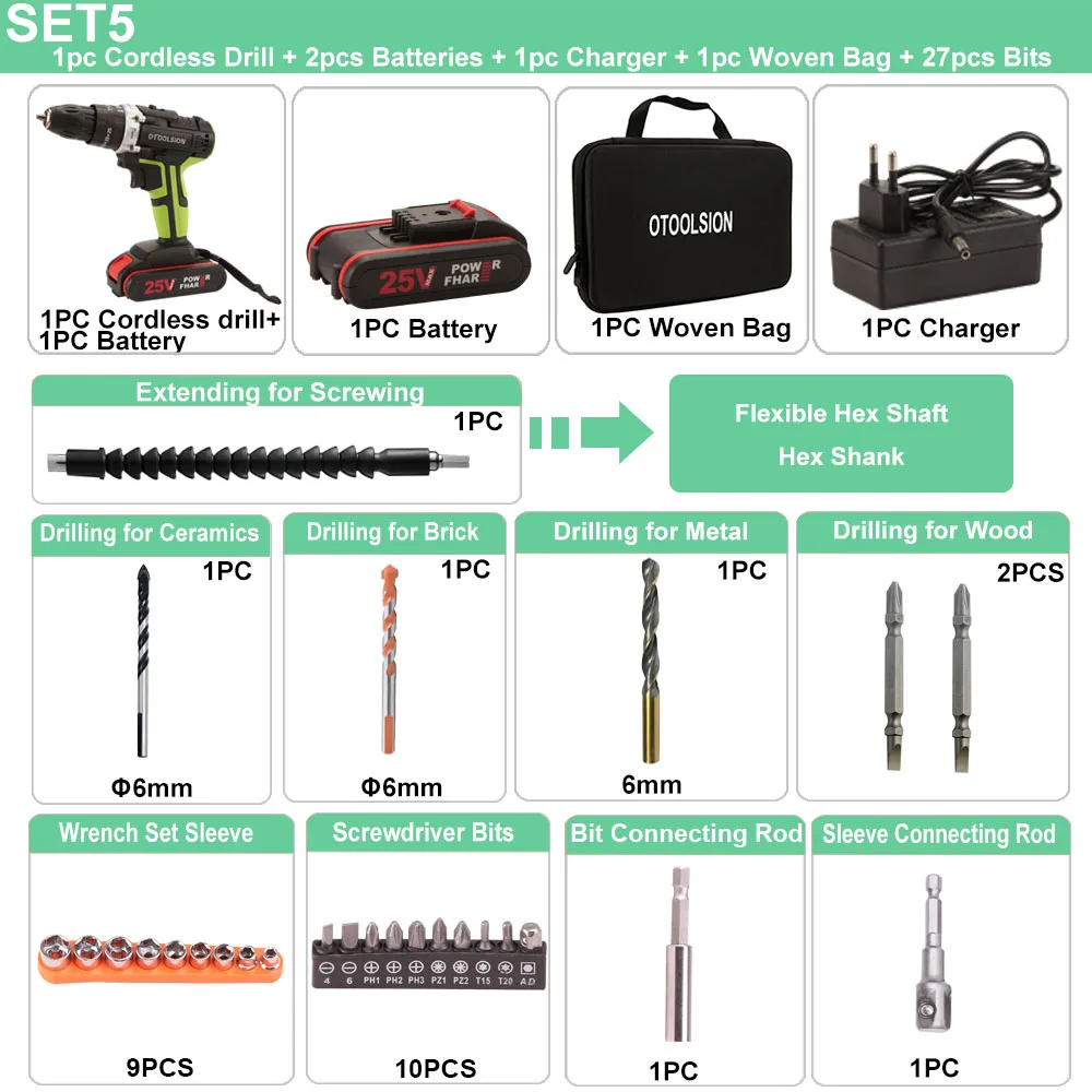 SET5 (2 pc battery) 25V 48N.m Impact Battery Drill Cordless Screwdriver Power Tools Impact Electric Screwdriver Electric Impact Drills+27 Pcs Parts - Цвет: SET5 (2 pc battery)