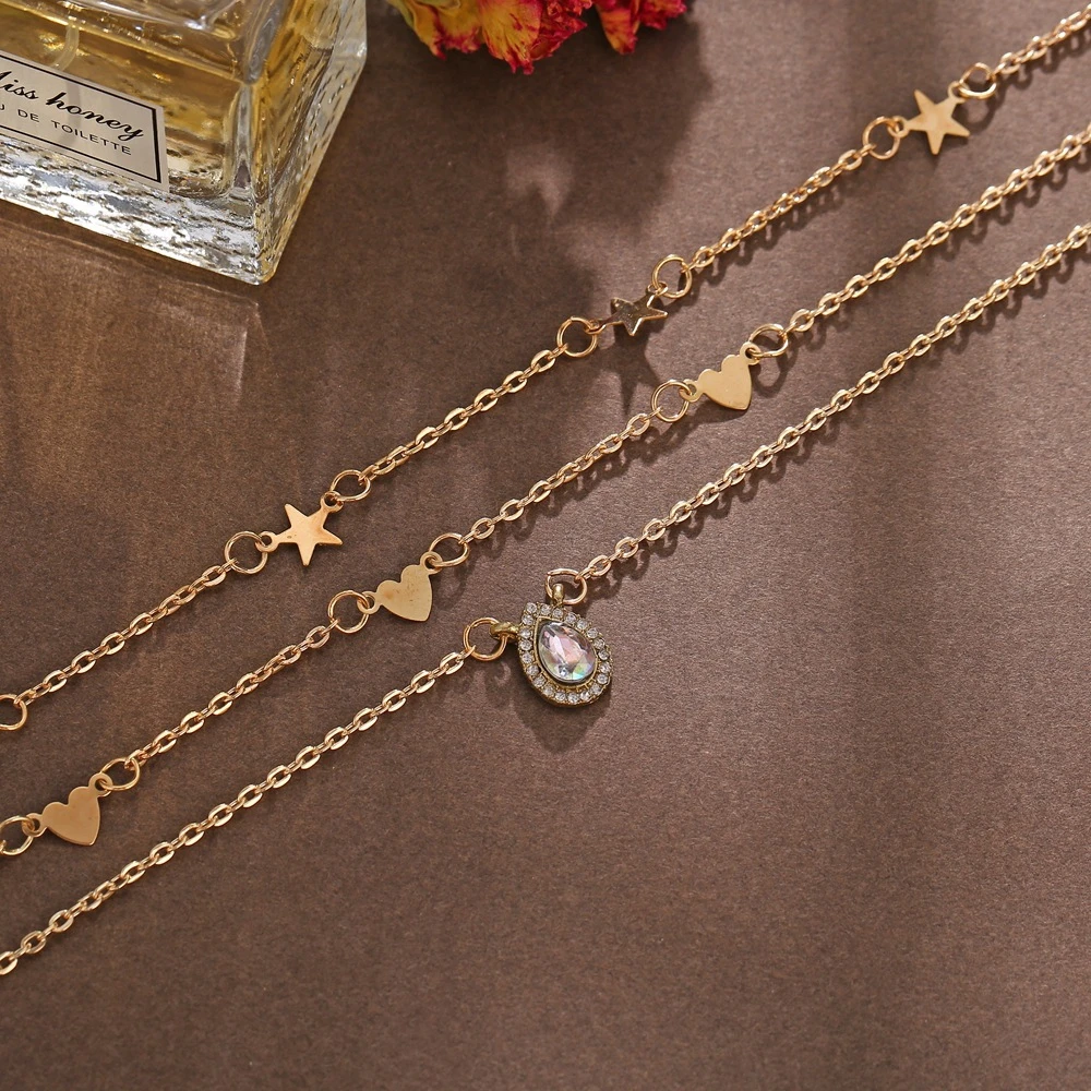 

Multi-layer Star Heart Drop Crystal Necklace Vintage Simple Clavicle Chain Jewelry Classic Women