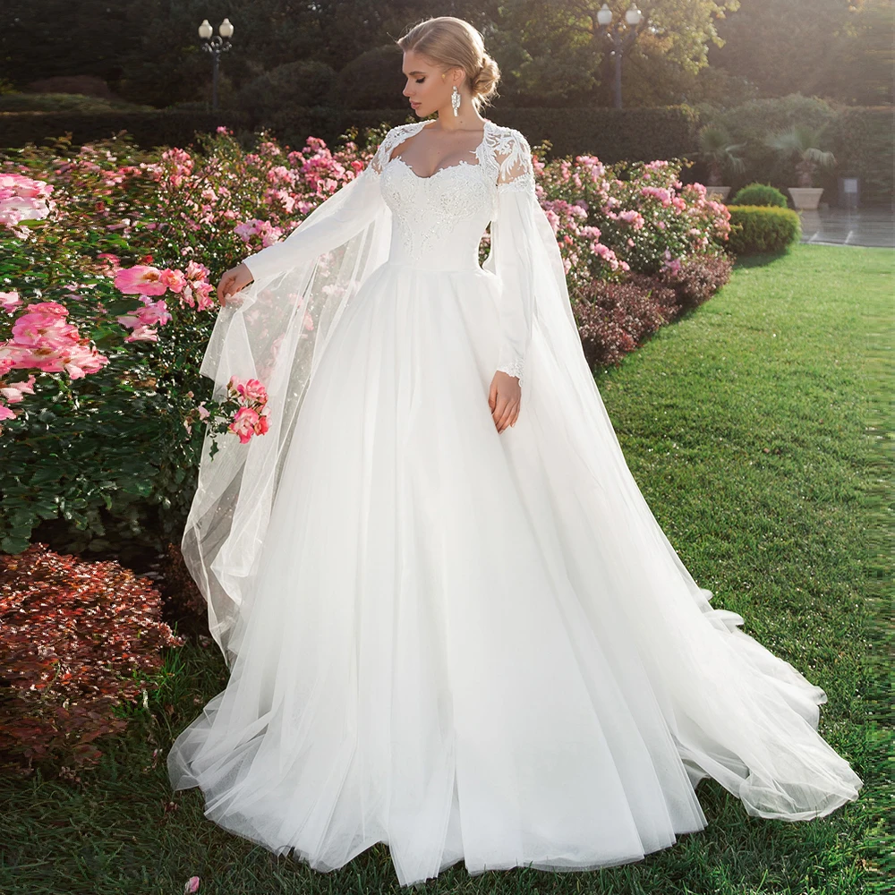 

RANMO Pastrol Wedding Dress Long Sleeves Jacket Beaded Applique Sweetheart Bridal Dress A-Line Brush Buttons Lawn Wedding Gown