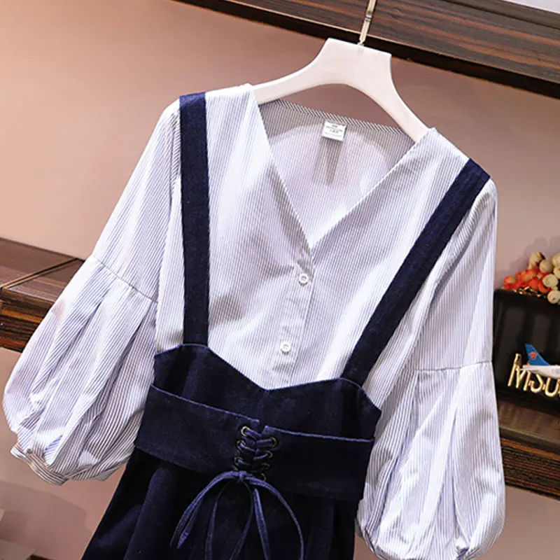 Женское джинсовое платье на бретелях Xuanya свободное большого размера с v-образным