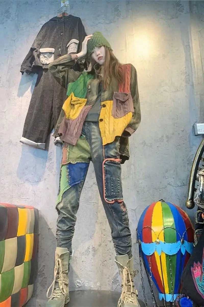 

2021 Spring Fall Jean Jackets for Women Knit Patchwork Vintage Plus Size Coat Womans Clothes Color Hit Bomber Jacket Denim XC127