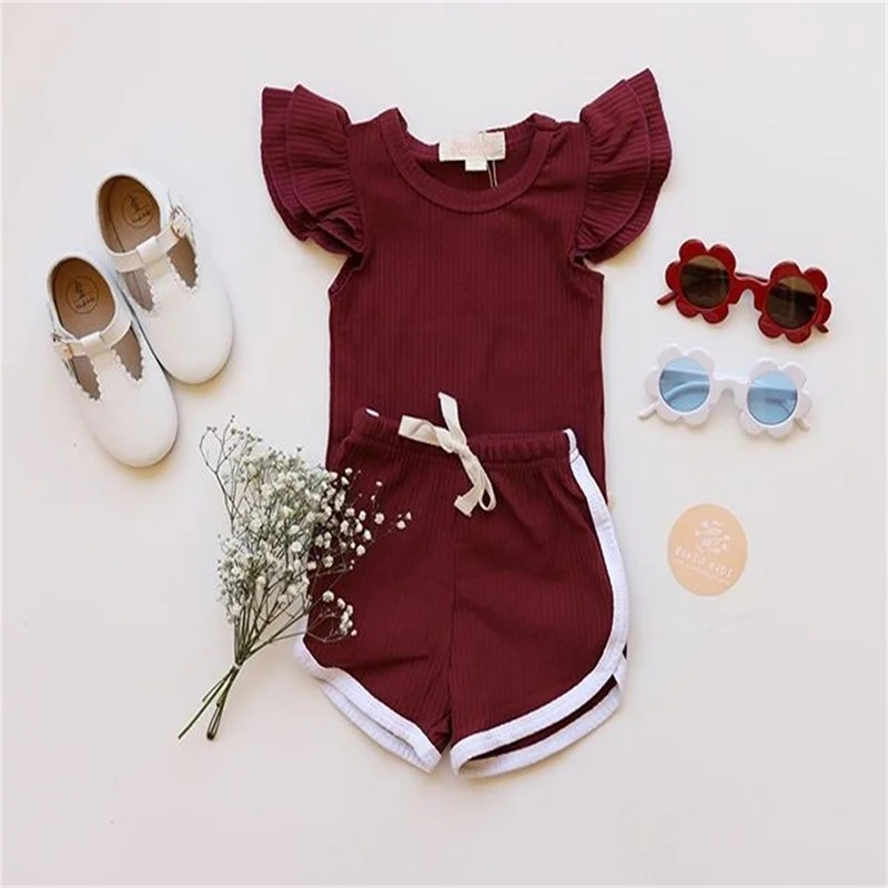 

New Summer Infant Baby Girls Boys Clothes Sets Ruffles Short Sleeve Pullover T Shirts Shorts Solid Outfits