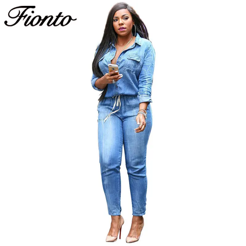 Женский джинсовый комбинезон FIONTO в европейском стиле с длинными рукавами штаны