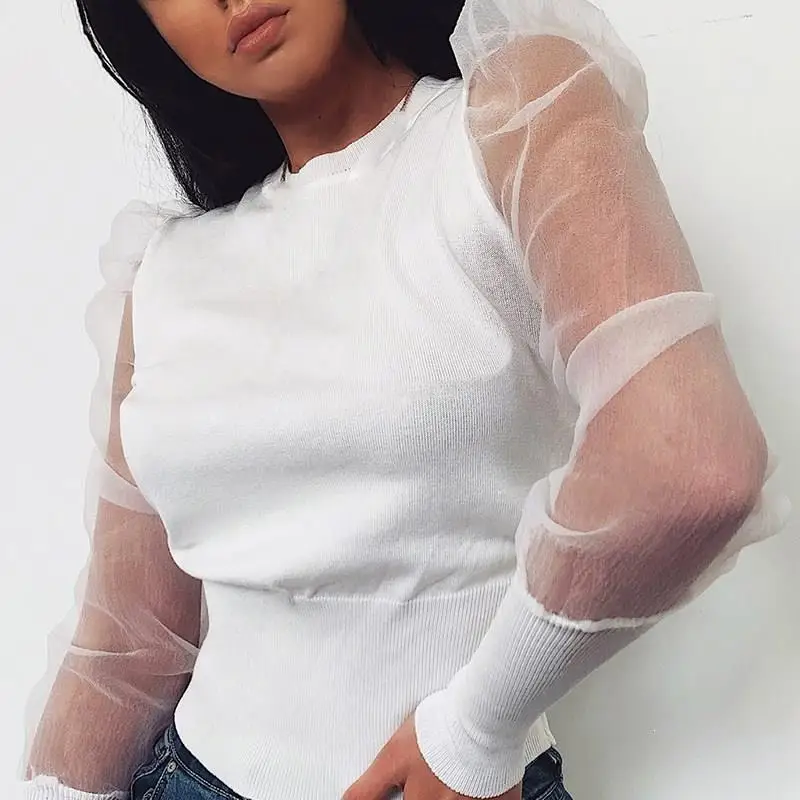 Элегантная тонкая футболка с рукавами фонариками женская трикотажная в стиле