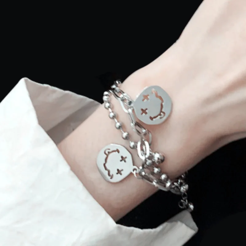 

Steel Silver Smiley Bracelet for Women Titanium Color Hip Hop Bracelets Personality Vintage Couple Jewelry Friends Gifts