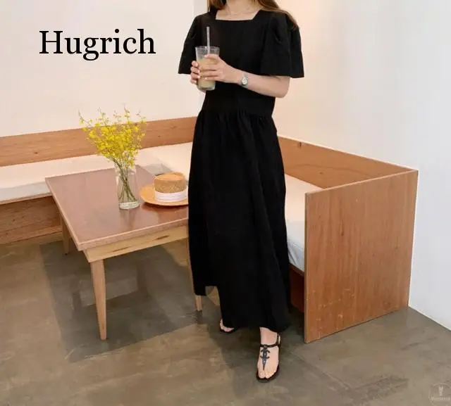 

Korean Ins Solid Loose Summer Dress Fashion Back Single-breasted Ladies Dress Casual Square Collor Split Maxi Dress
