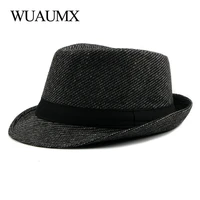 wuaumx new british style jazz caps men wide brim fedoras hat for male autumn winter retro bowler hats outdoor woolen dad hat