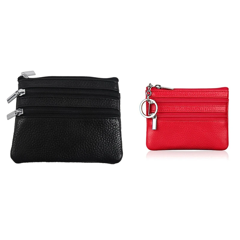 

2 Pcs Leather Change Coin Purse With 4 Pockets And Keychain For Women Black & Red
