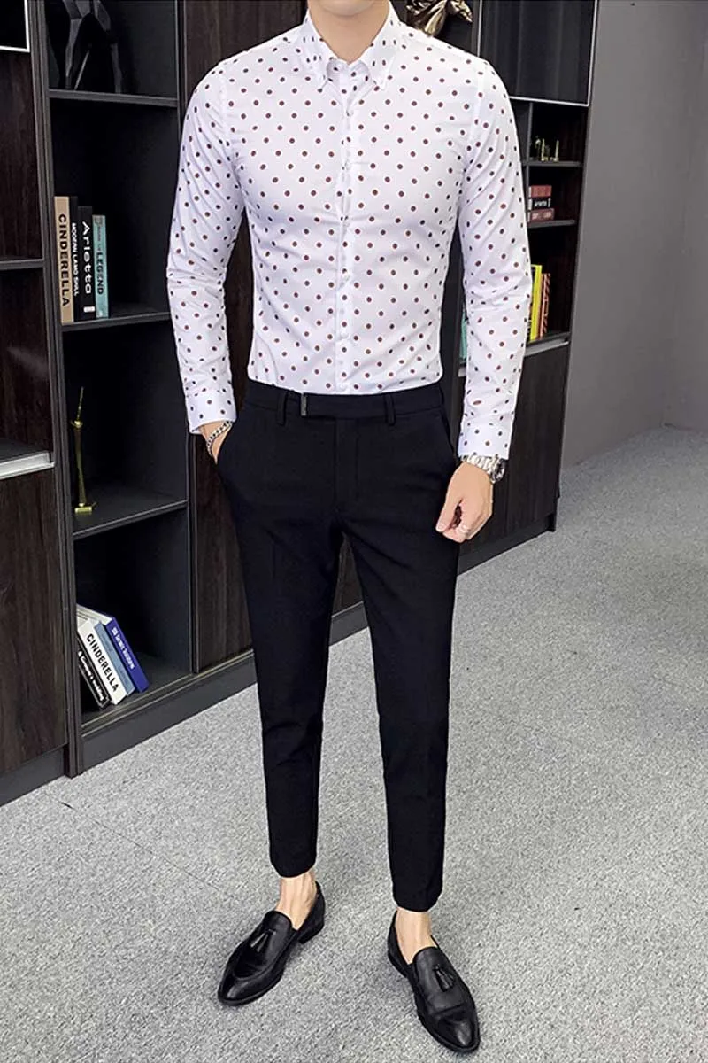 Fashion Print Casual Men Long Sleeve Shirt Stitching Dot printed Design Fabric Soft Comfortable Dress Slim Fit Style | Мужская одежда