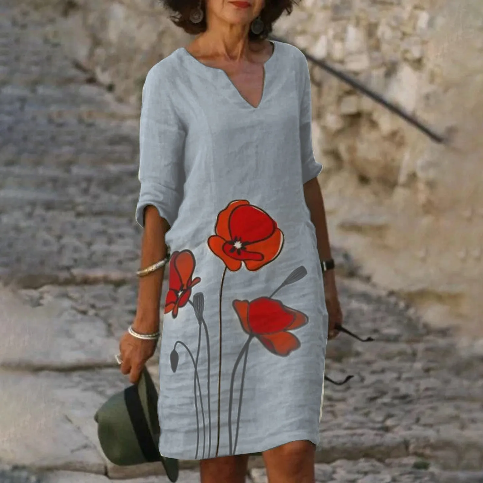 

Женское винтажное платье до колен, свободное платье с цветочным принтом, рукавом до локтя и V-образным вырезом, модель 3XL в стиле ретро на лет...