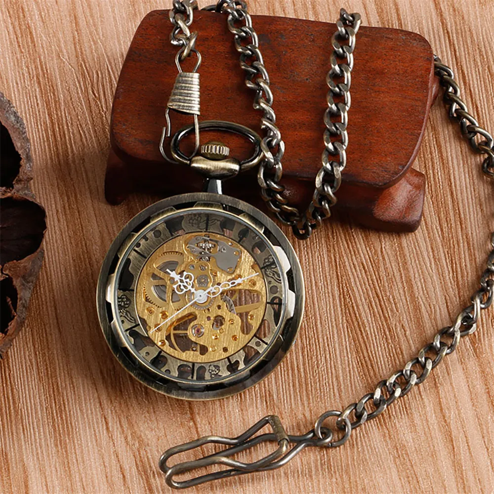 Transparent Hollow Manual Mechanical Pocket Watch Bronze/Black Open Face Pendant Hand Winding Mechanism Pocket Clock Gifts Male