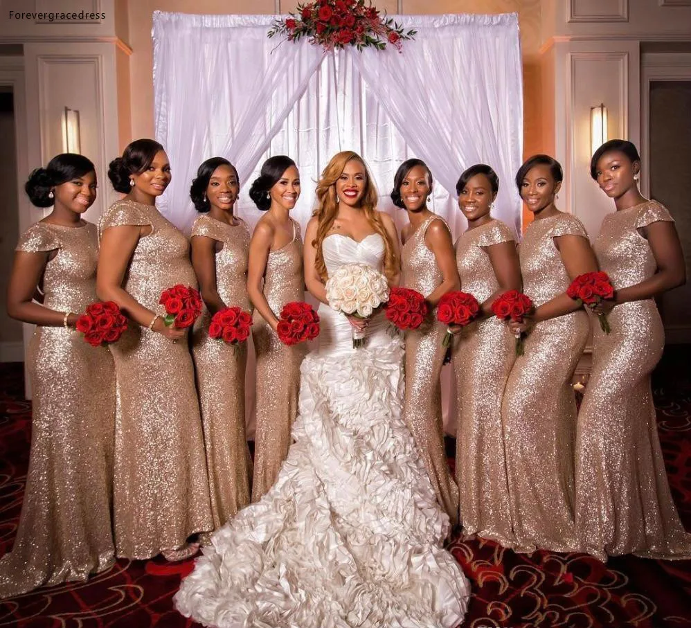 2019 Rose Gold Sequined Bridesmaid Dress Mermaid Long Country Garden Formal Party Guest Maid of Honor Gown Plus Size Custom Made | Свадьбы и
