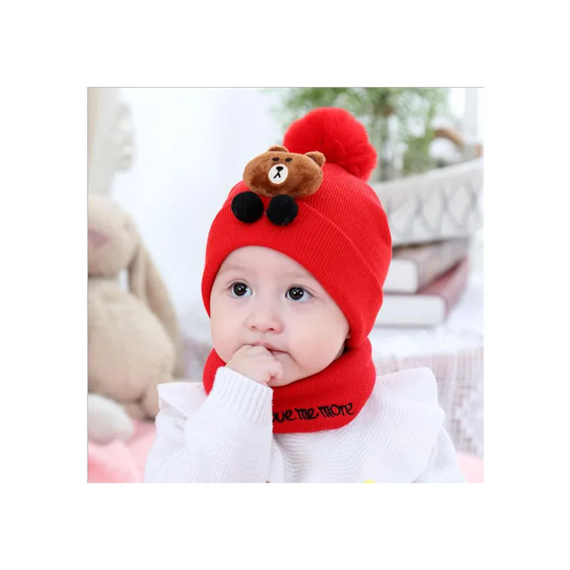 Red hat scarf Новая детская шапка, шарф, осенняя и зимняя вязаная шапка в Корейском стиле для новорожденных мальчиков и девочек, шапка с помпонами, зимняя теплая шапка b - Цвет: Red hat scarf