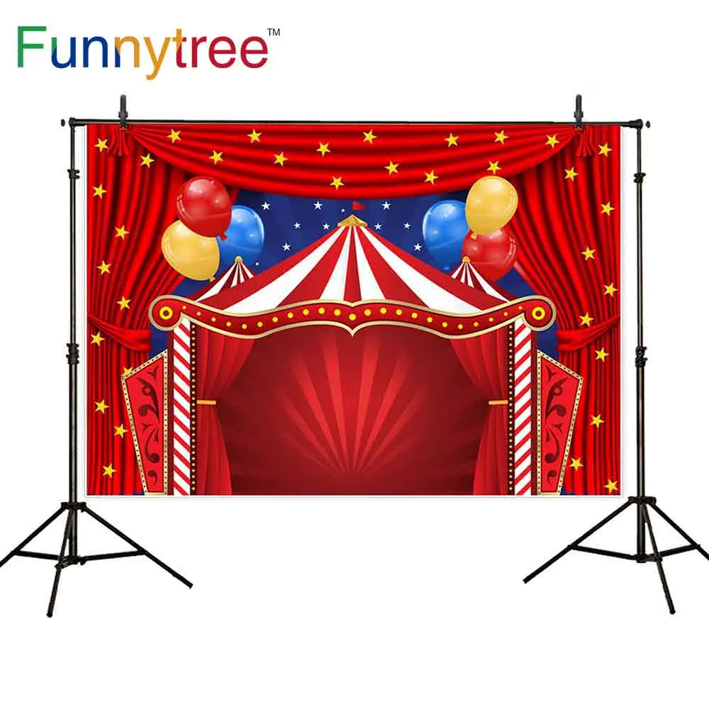 

Funnytree Circus birthday photobooth backdrops boy Baby shower balloon Red curtain stars background photography photo photophone