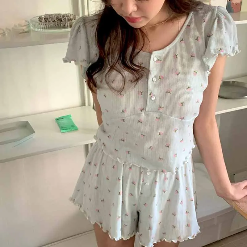 Floral Print Summer Home Suit Women Korean Short Sleeve Shirts Tops + Shorts Set Kawaii Sweet Pajamas Set Home Clothes Green