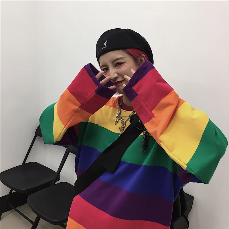 

Woman T-Shirts Rainbow Striped Harajuku Fashion O-Neck Tops 2021 Spring Oversize Korean Style Casual Loose Long Sleeves T-Shirts
