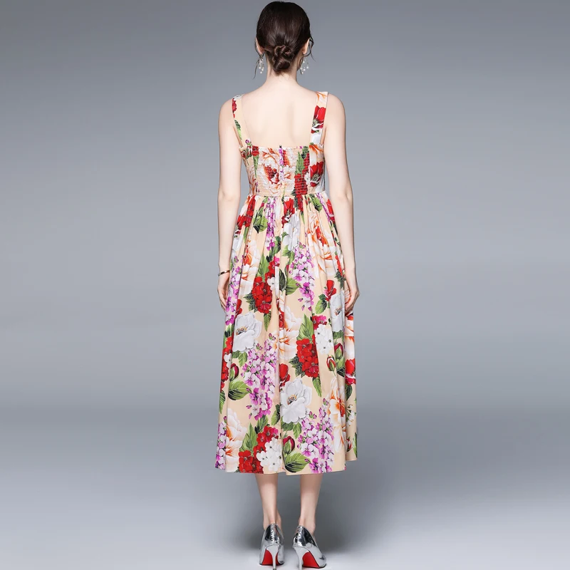 

New Elegant Vintage Women Floral Print Slim Tunic Tank Maxi Dress Lady Sleeveless Vest Dresses Party Clothing Summer Sundress