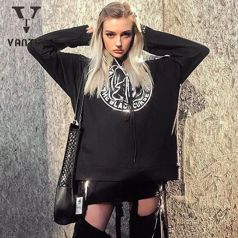 

Уличной моды для женщин свитер для девочек; Готическая обувь в стиле «панк»; Футболка с длинными рукавами с капюшоном Цвет: черный Bf девушка ...