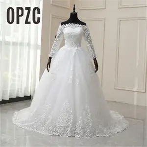 Роскошные кружевные свадебные платья со шлейфом 100 см, длинные Бальные платья с вышивкой, белые цвета слоновой кости, вырез лодочкой, открытые плечи, длинные рукава, тюль для невесты