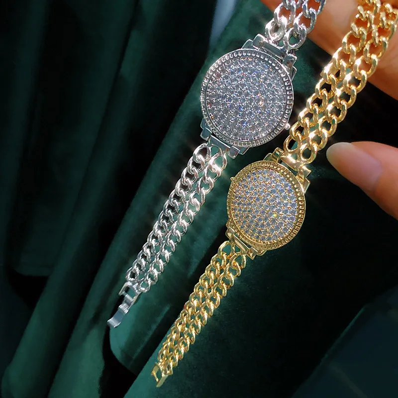 

Fashion Hot Disc Rhinestone Double Layer Bracelet New Neutral Hip Hop Simple Chain Cool Temperament Design Feel Jewellery