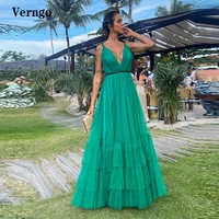 verngo a line green tiered skirt tulle prom dresses sexy open back deep v neck long evening gowns lady occasion party dress