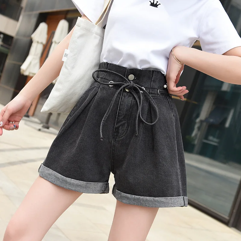 

Summer Fashion Bow drawstring Double Button Belt Short Jeans High Waisted A-word Loose Wide Leg Women Denim Shorts Crimping