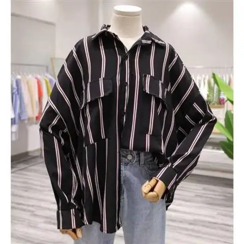 

Spring 2021 New Korean Fan Loose Striped Flip Pocket Shirt Small Fresh Student Super Fire Shirt Women's Casual Shirt