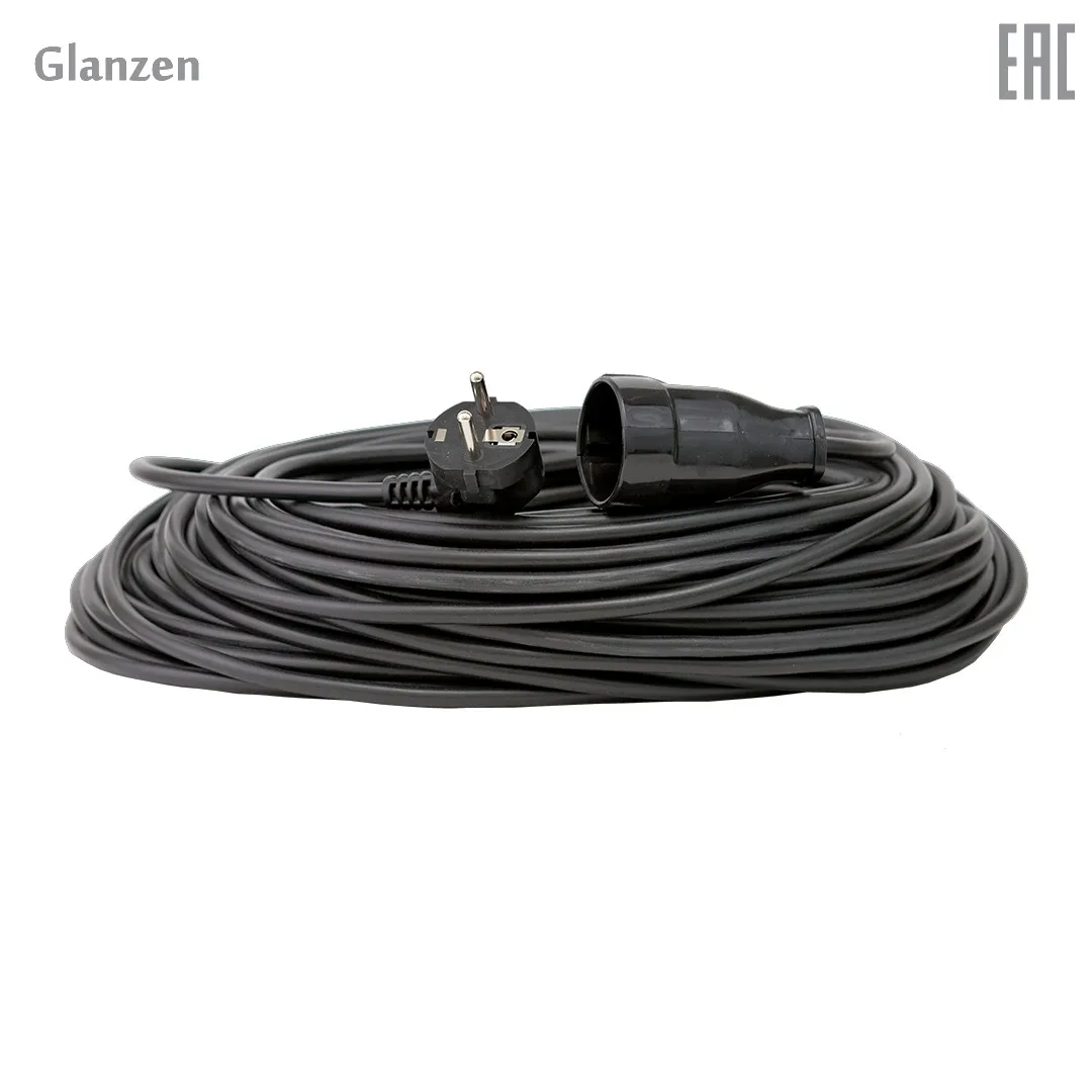 Удлинитель силовой шнур GLANZEN штепс. гнездо ПВС 2х1 5 50м ES-50-003 3500Вт | Обустройство