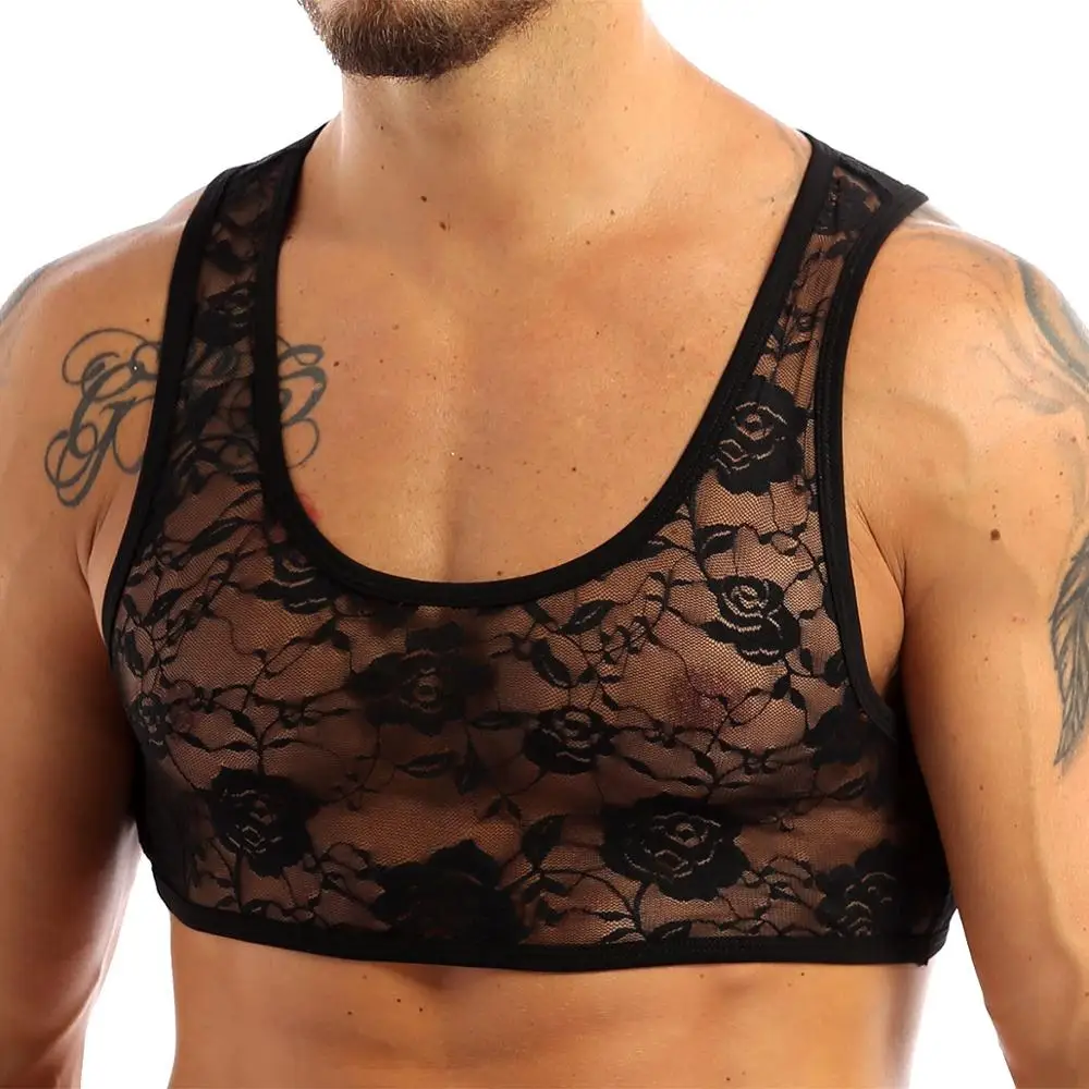 

Mens Sissy See Through Fetish Lingerie Wedding Sexy Parties Vest Top Floral Lace Short Crop Tops for Nightwear Clubwear