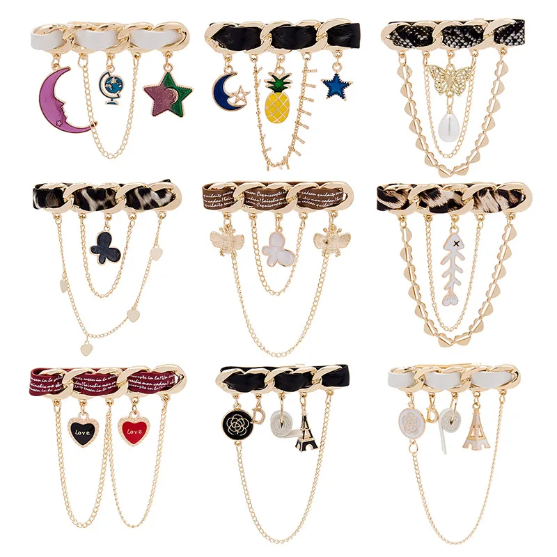 

Fashion Suit Brooch New Creative Punk Vintage Imitation Pearl Star Moon Butterfly Tower Chains Brooch Pin Wedding Accessories