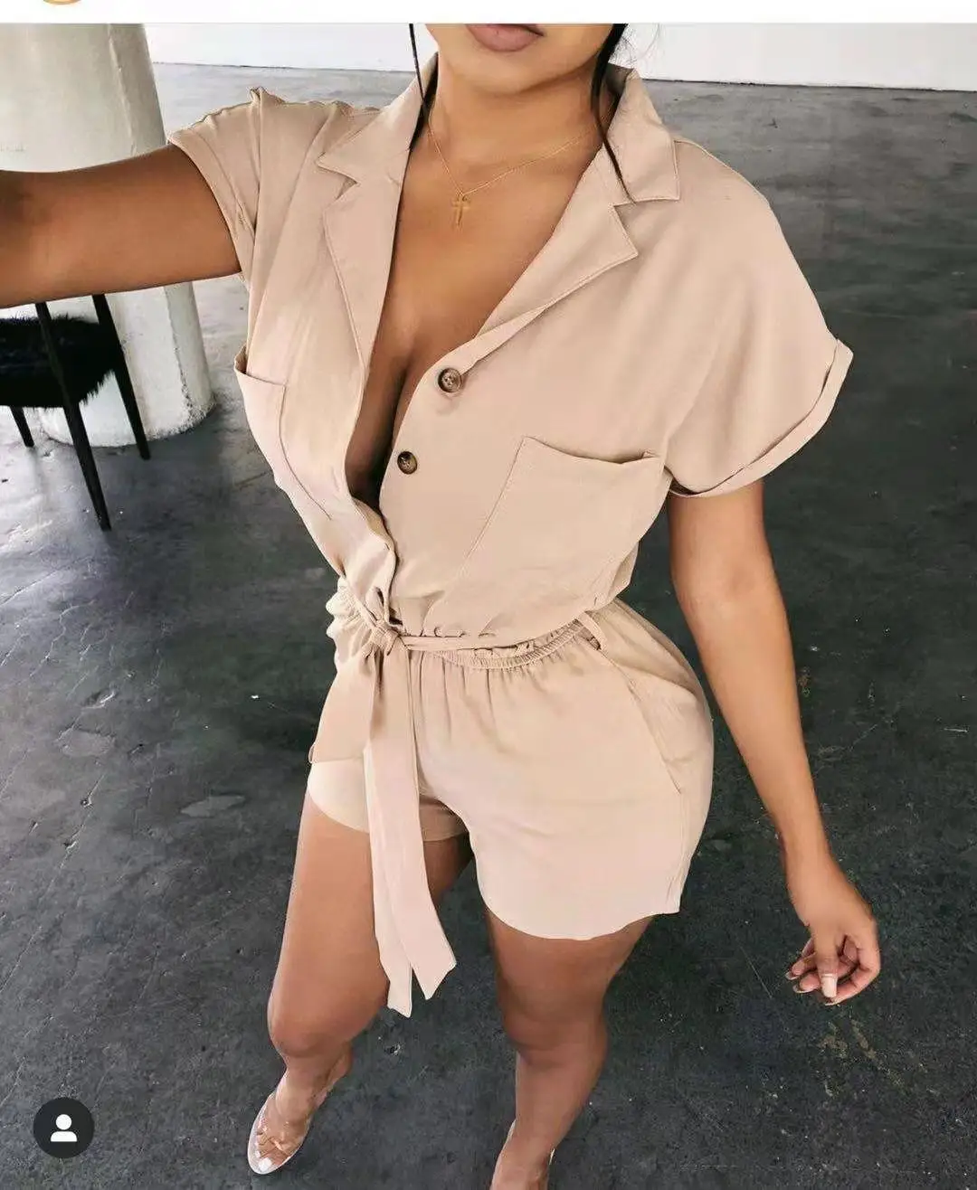 

Women Fashion Turn-down Collar Overalls with Waistband Solid Color Short Sleeve Playsuits Summer Ladies Casual Rompers